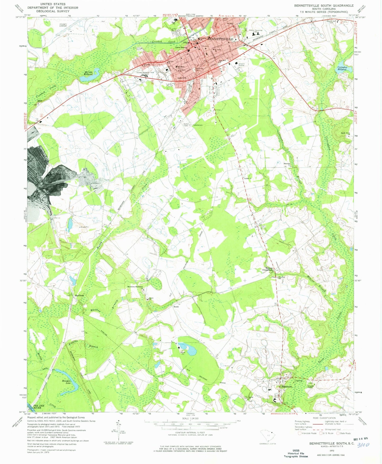 Classic USGS Bennettsville South South Carolina 7.5'x7.5' Topo Map Image