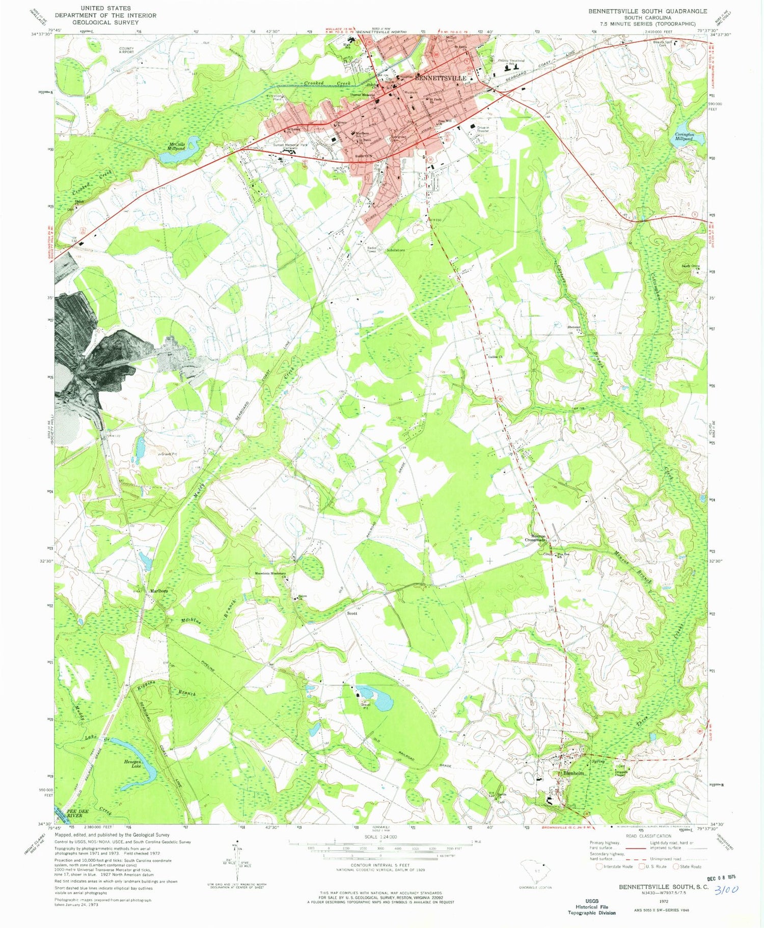 Classic USGS Bennettsville South South Carolina 7.5'x7.5' Topo Map Image