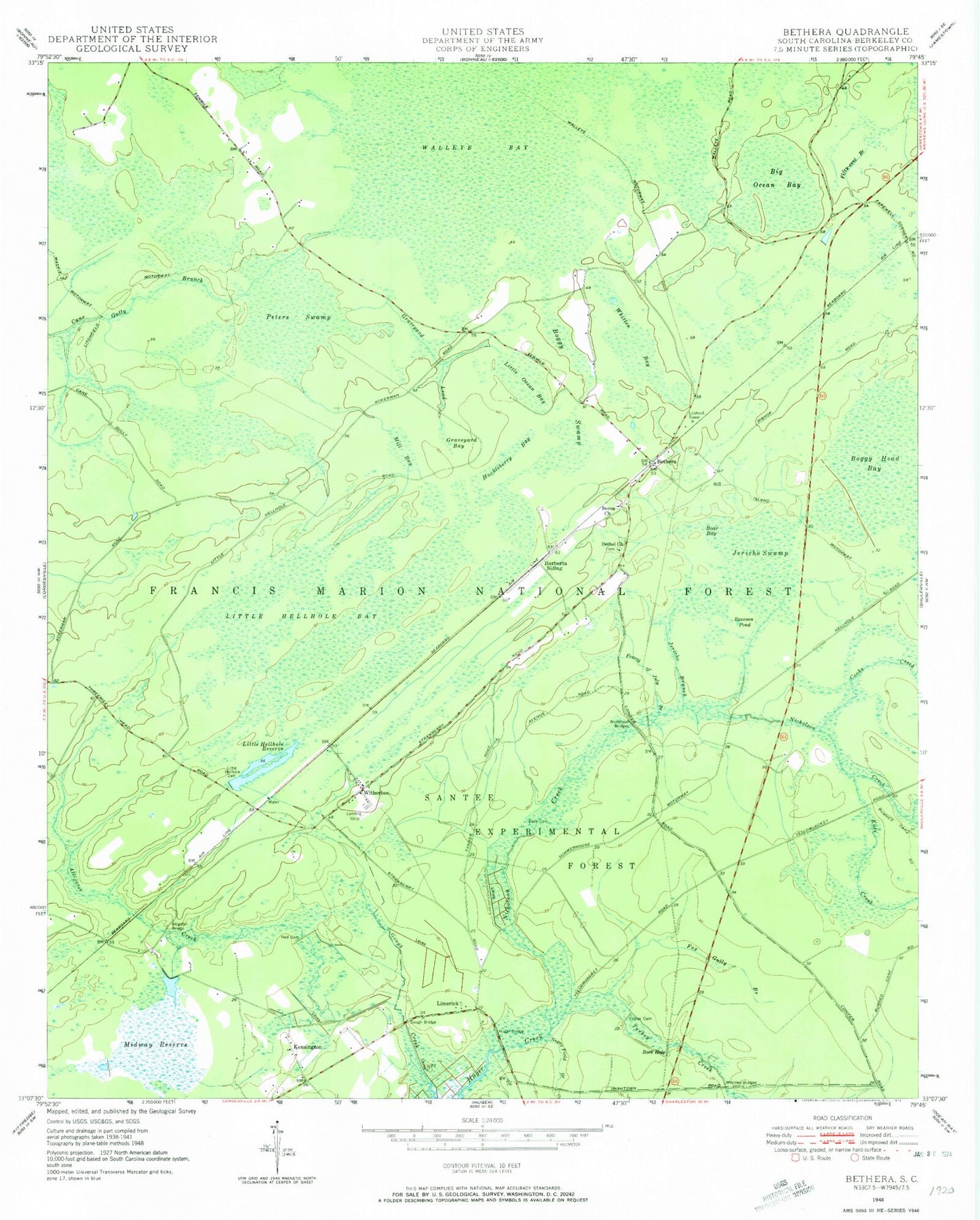 Classic USGS Bethera South Carolina 7.5'x7.5' Topo Map Image