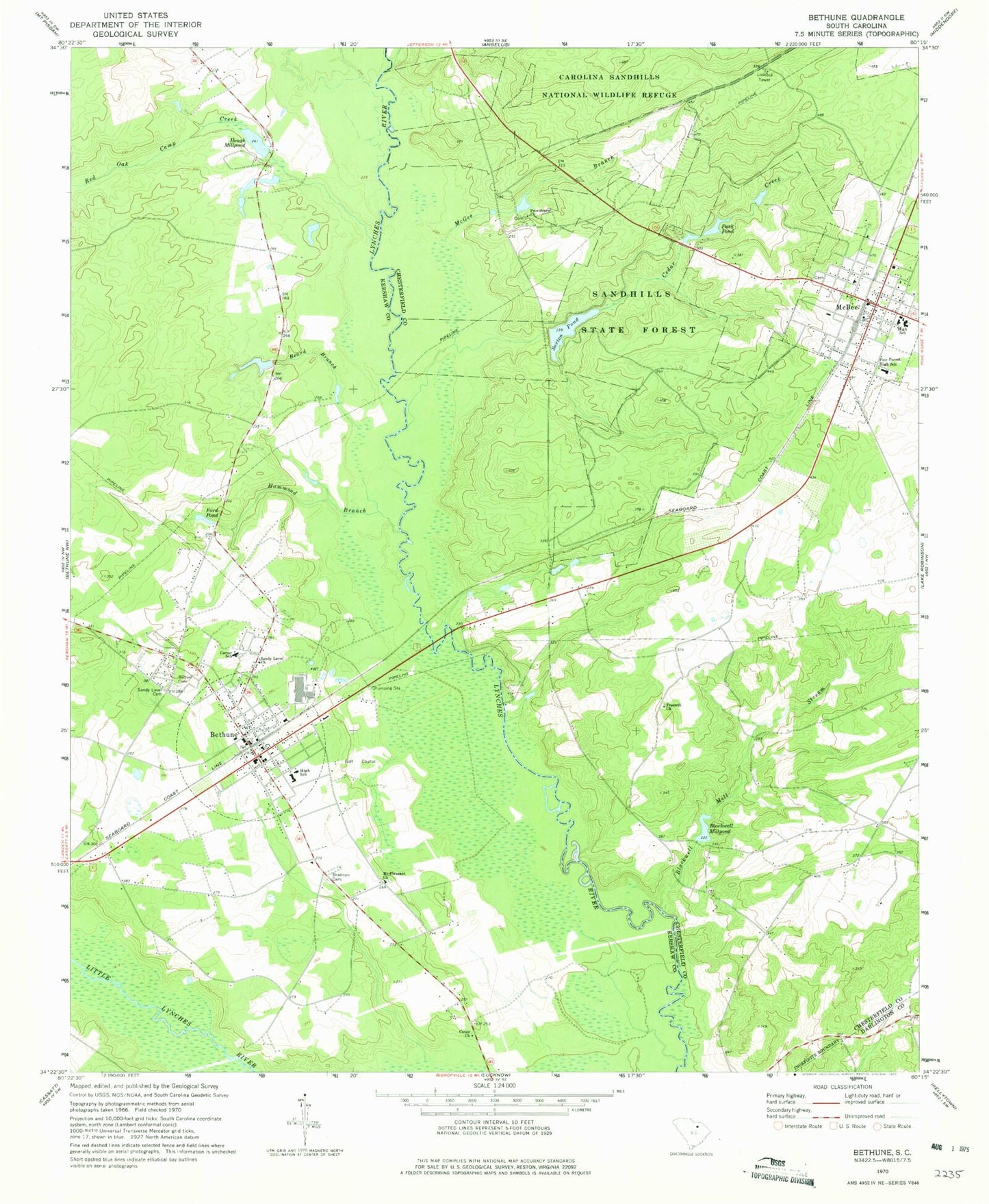 Classic USGS Bethune South Carolina 7.5'x7.5' Topo Map Image