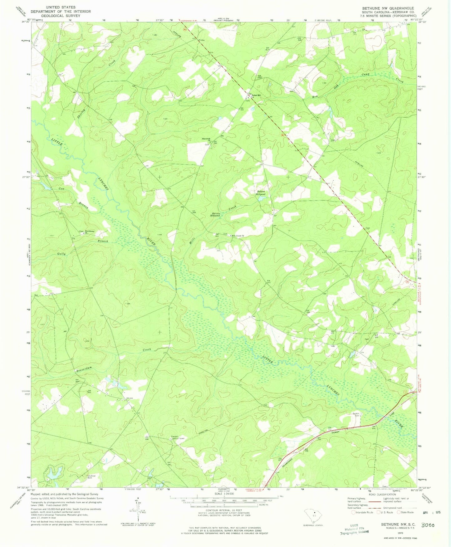 Classic USGS Bethune NW South Carolina 7.5'x7.5' Topo Map Image