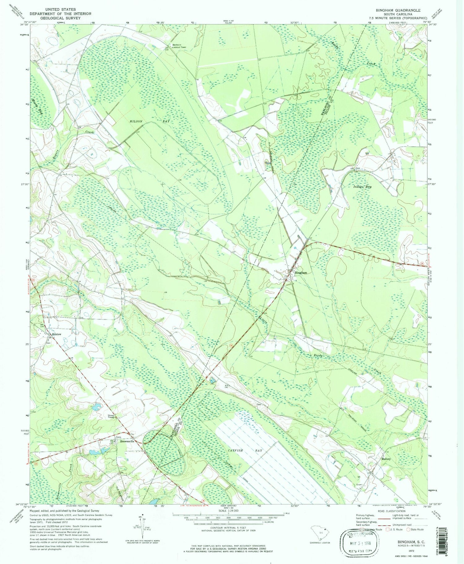 Classic USGS Bingham South Carolina 7.5'x7.5' Topo Map Image