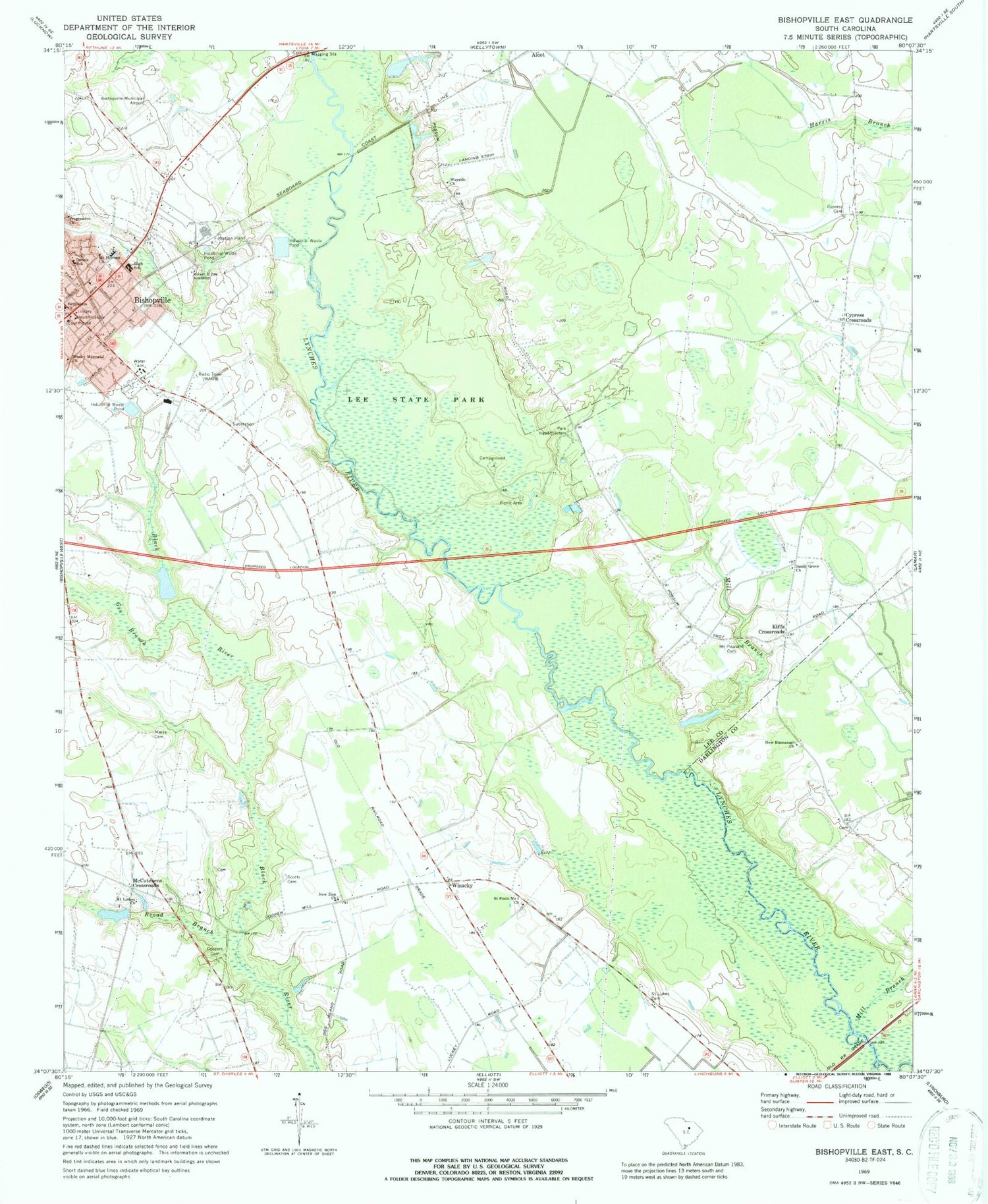 Classic USGS Bishopville East South Carolina 7.5'x7.5' Topo Map Image