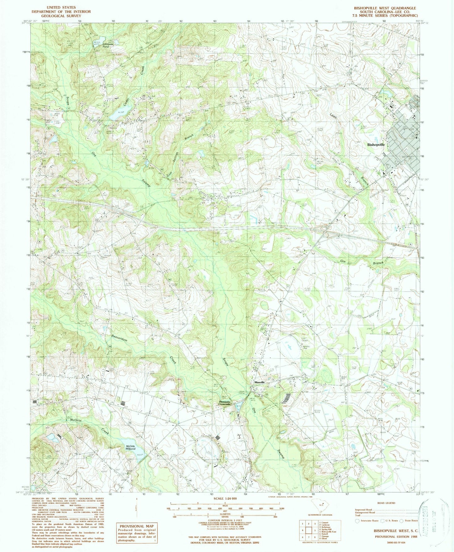 Classic USGS Bishopville West South Carolina 7.5'x7.5' Topo Map Image