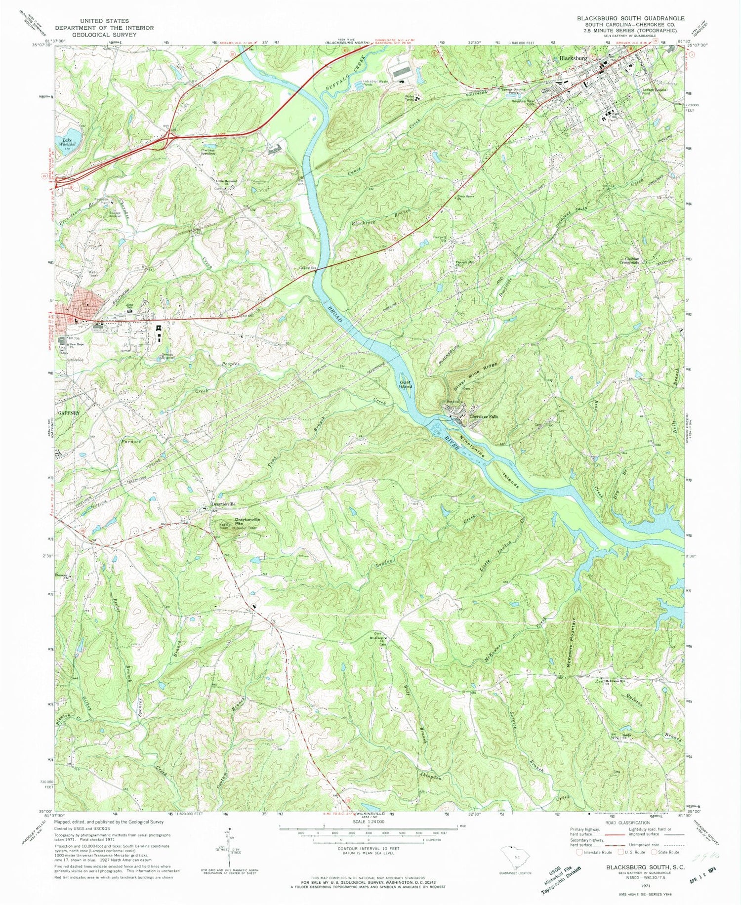 Classic USGS Blacksburg South South Carolina 7.5'x7.5' Topo Map Image