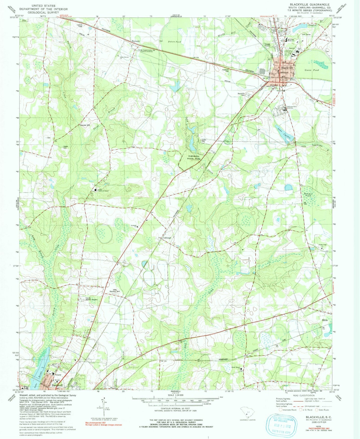 Classic USGS Blackville South Carolina 7.5'x7.5' Topo Map Image