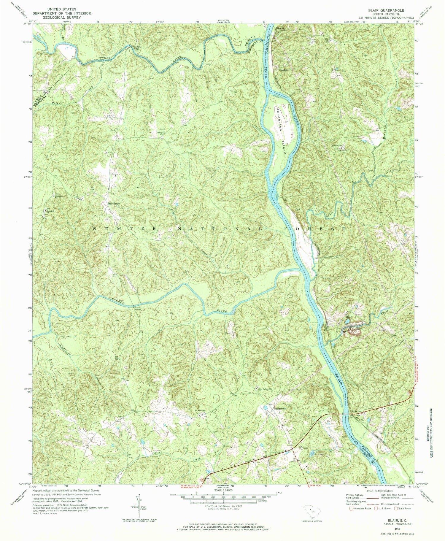 Classic USGS Blair South Carolina 7.5'x7.5' Topo Map Image