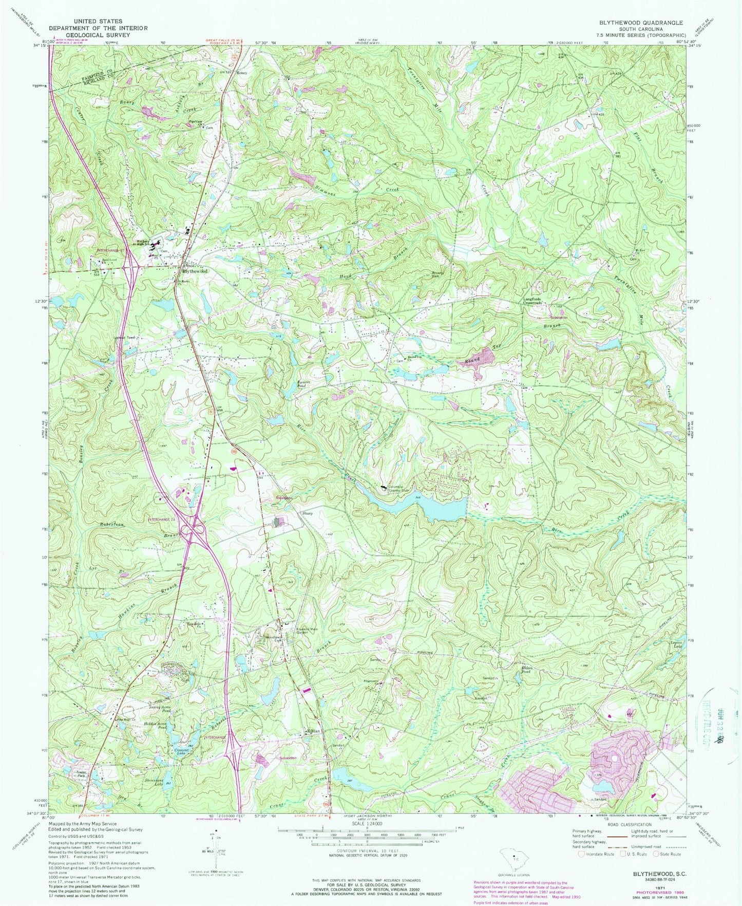 Classic USGS Blythewood South Carolina 7.5'x7.5' Topo Map Image