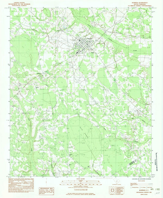 Classic USGS Bowman South Carolina 7.5'x7.5' Topo Map Image