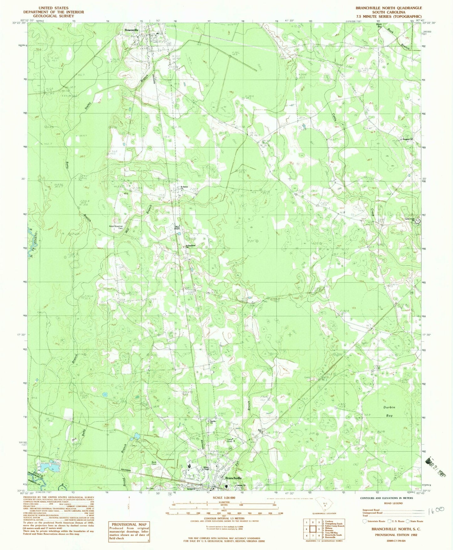 Classic USGS Branchville North South Carolina 7.5'x7.5' Topo Map Image