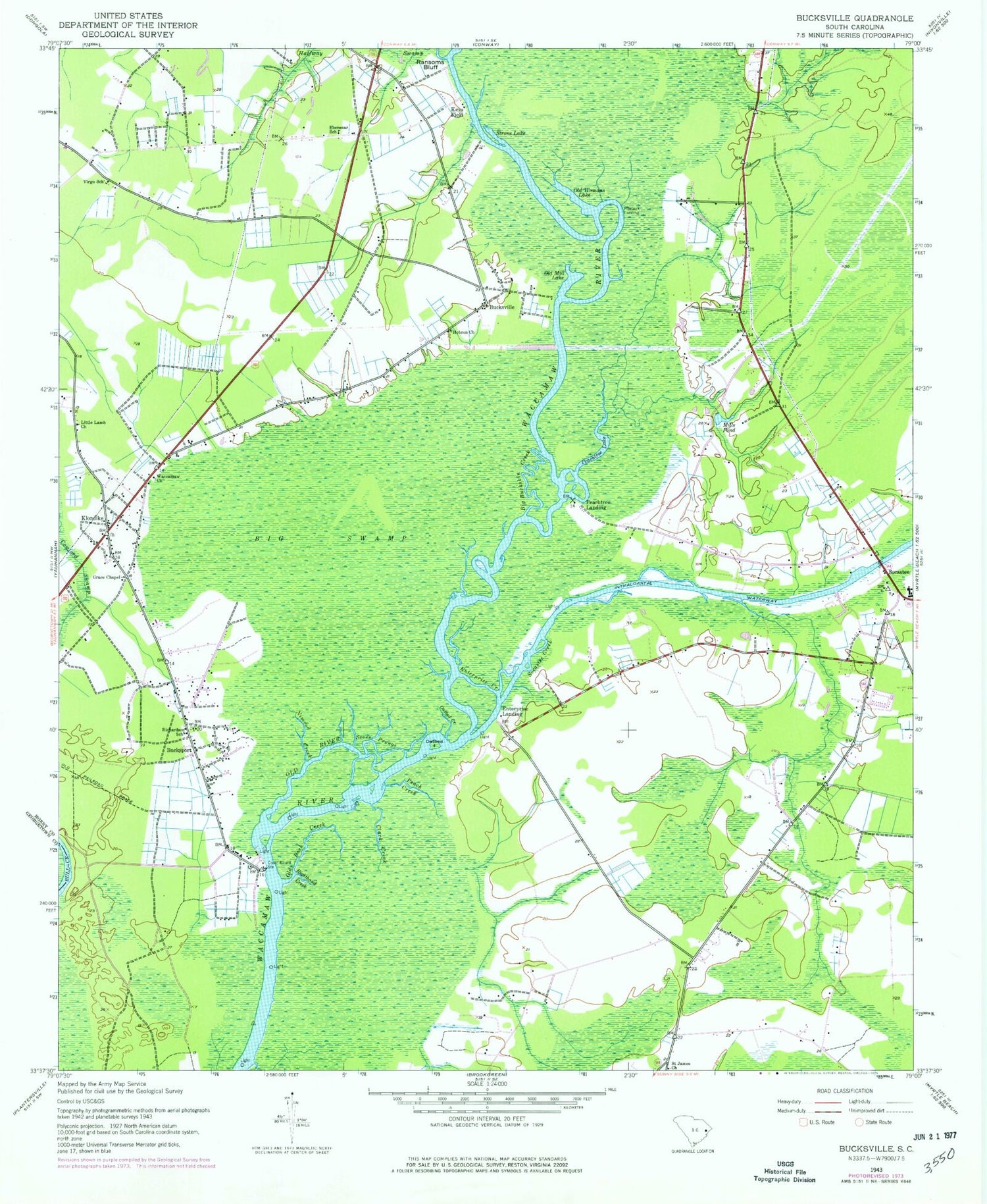 Classic USGS Bucksville South Carolina 7.5'x7.5' Topo Map Image