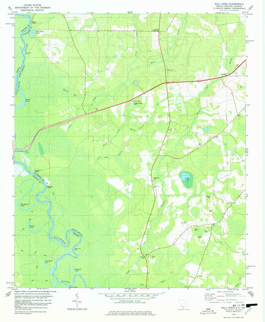 Classic USGS Bull Pond South Carolina 7.5'x7.5' Topo Map Image