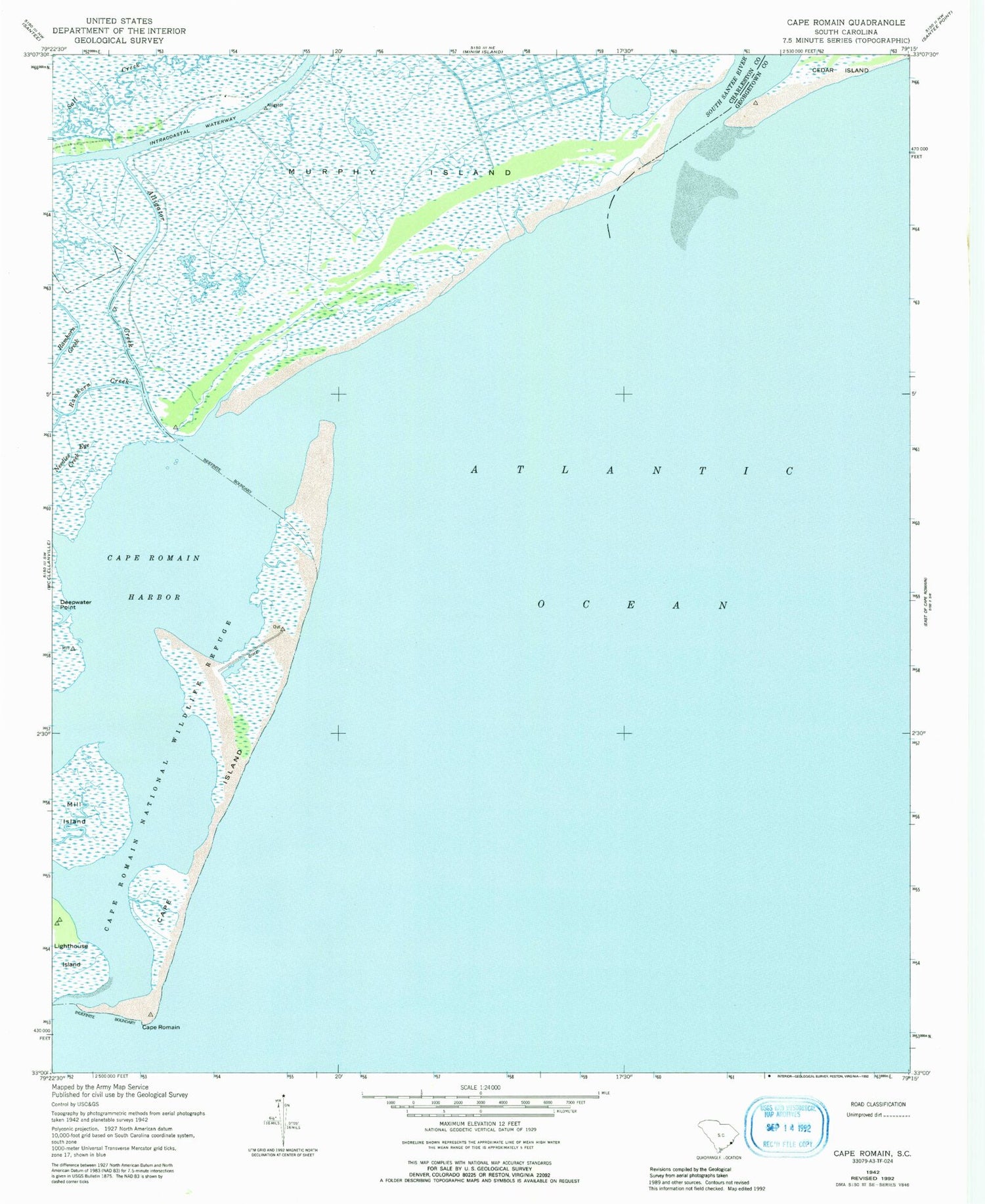 Classic USGS Cape Romain South Carolina 7.5'x7.5' Topo Map Image