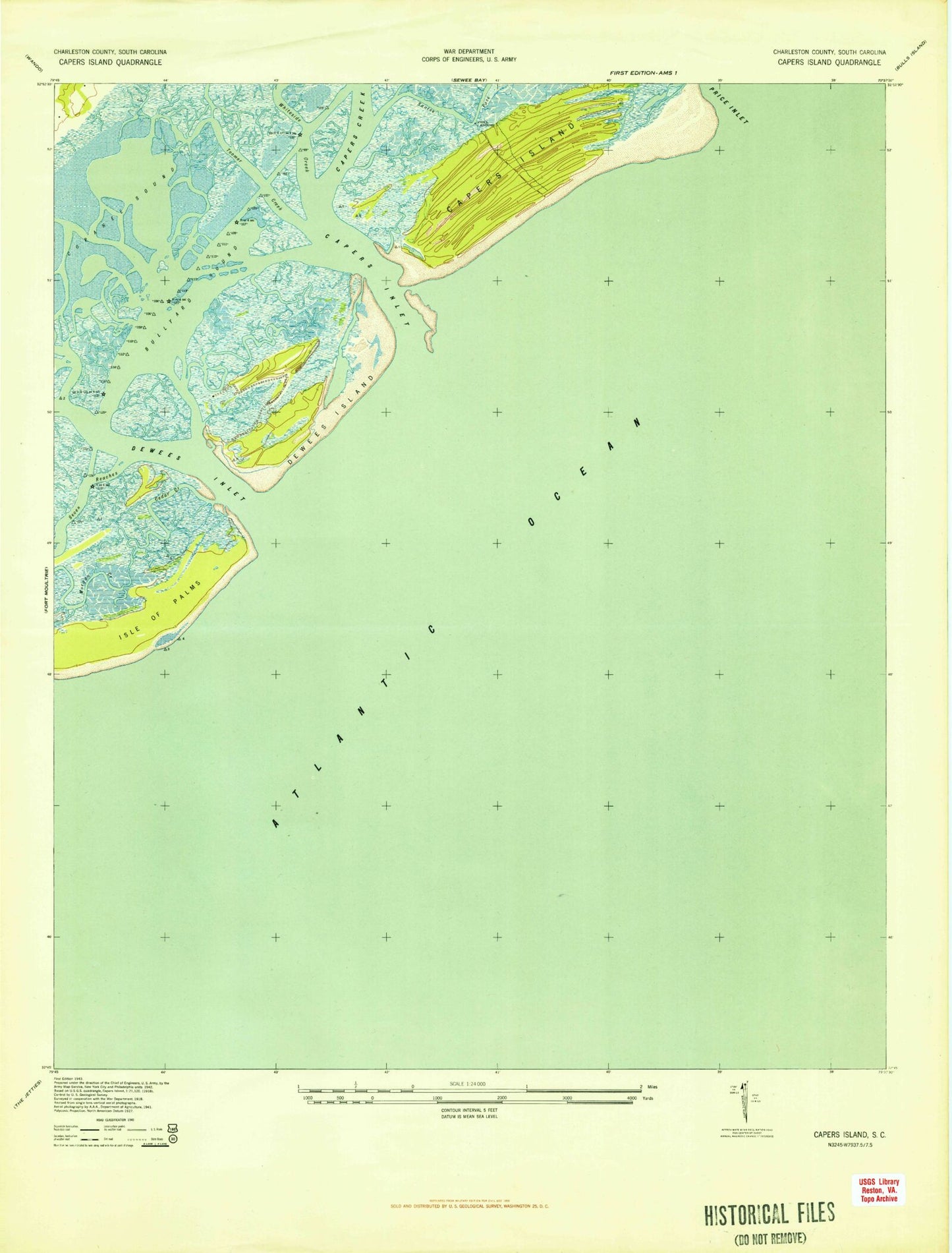Classic USGS Capers Inlet South Carolina 7.5'x7.5' Topo Map Image