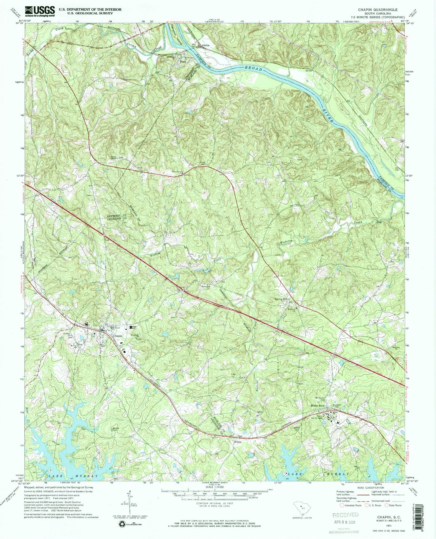 Classic USGS Chapin South Carolina 7.5'x7.5' Topo Map Image