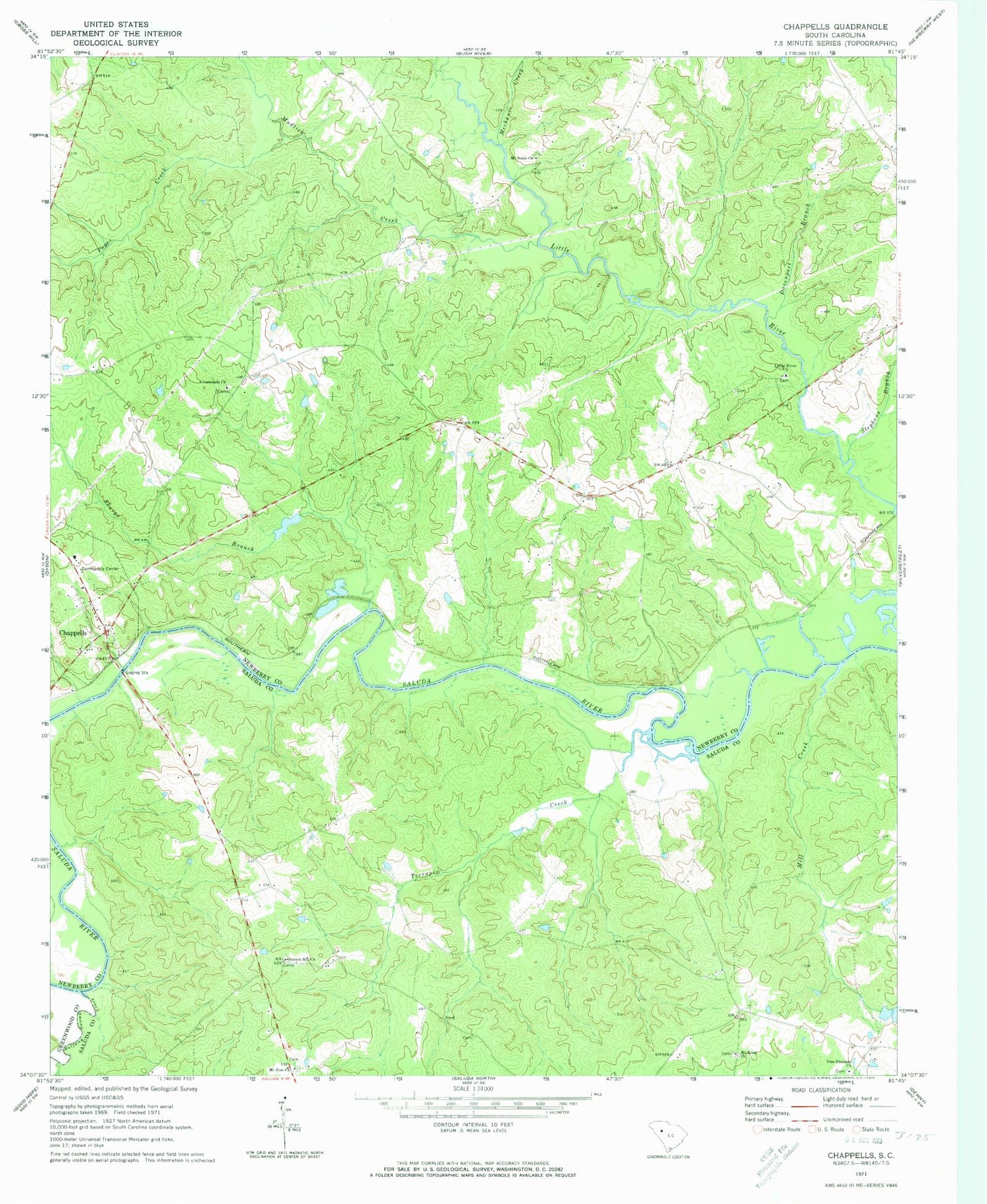 Classic USGS Chappells South Carolina 7.5'x7.5' Topo Map Image