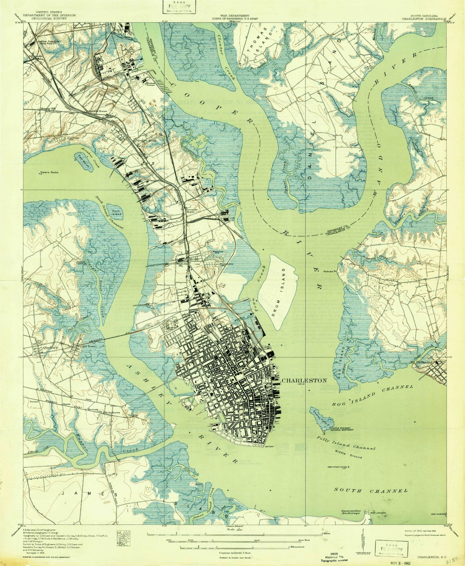 Classic USGS Charleston South Carolina 7.5'x7.5' Topo Map Image