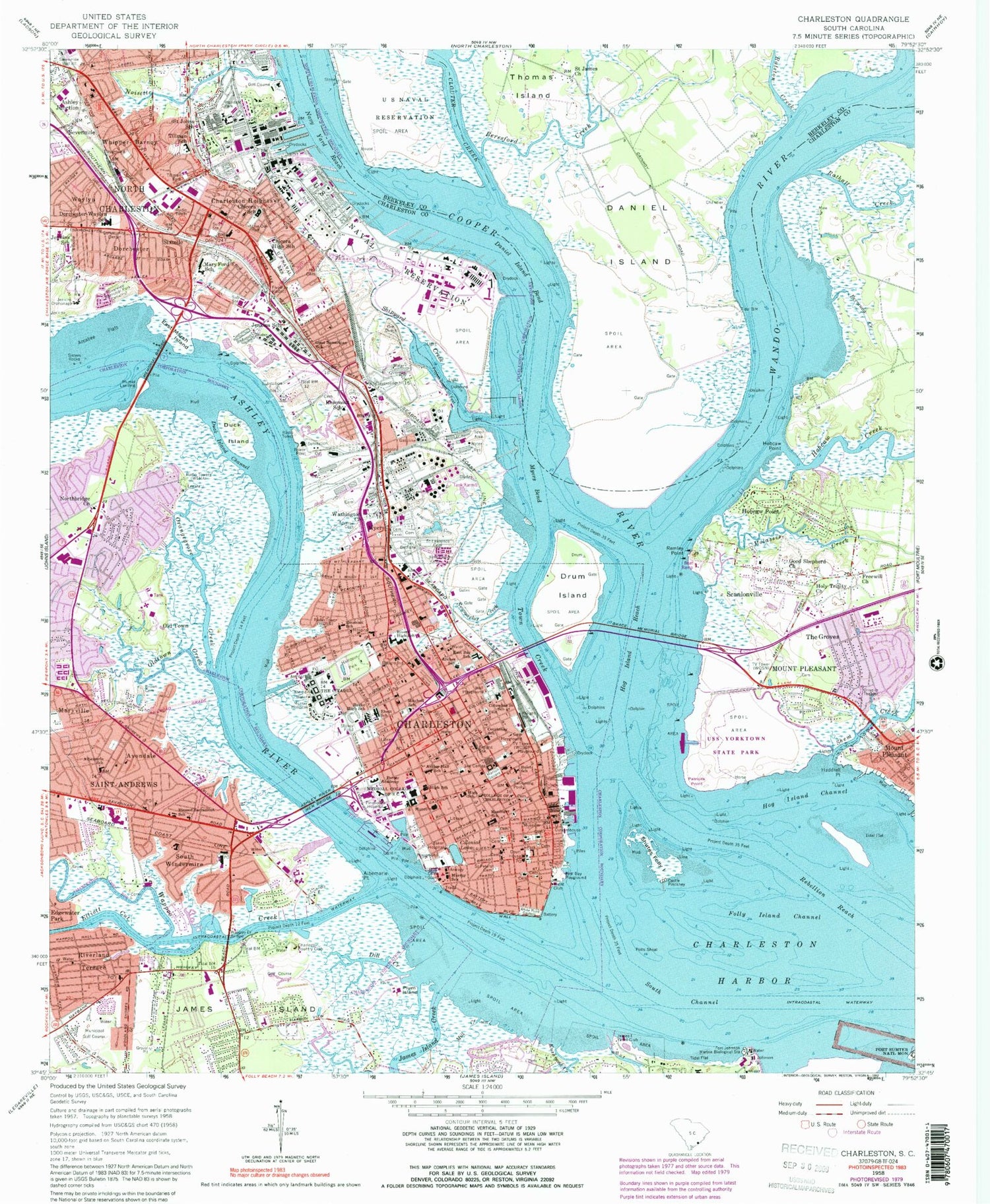 Classic USGS Charleston South Carolina 7.5'x7.5' Topo Map Image