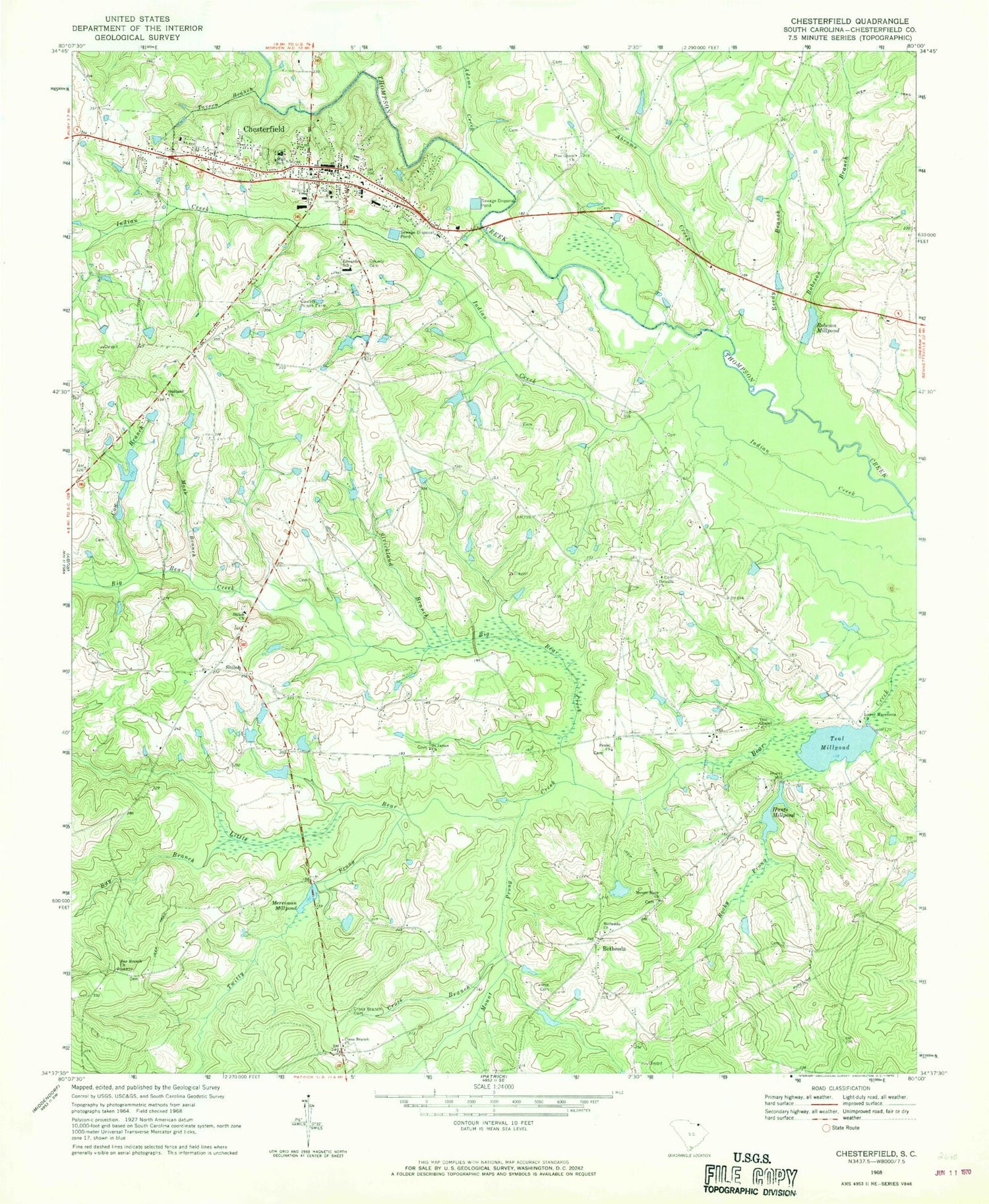 Classic USGS Chesterfield South Carolina 7.5'x7.5' Topo Map Image