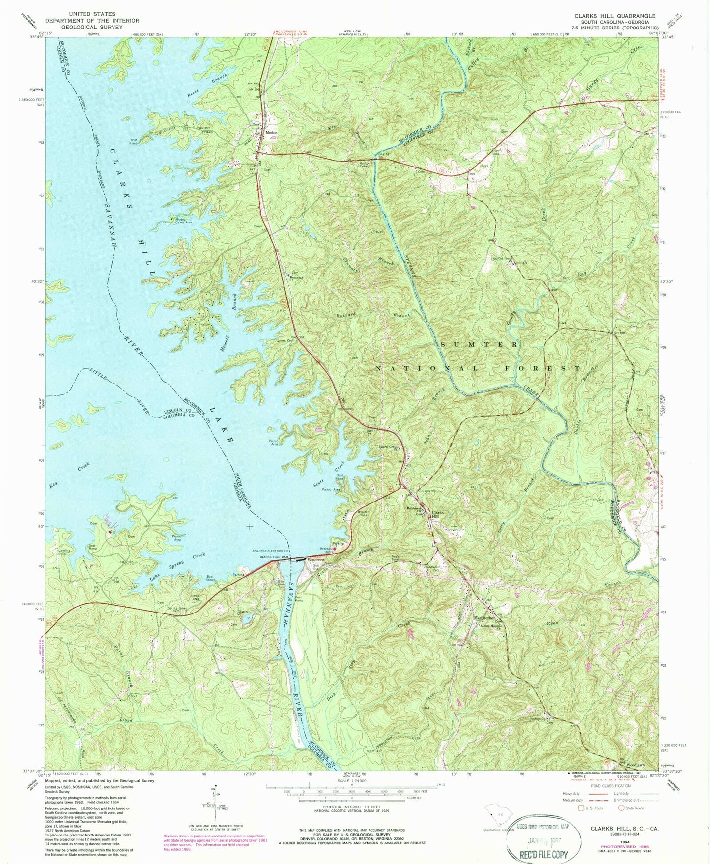 Classic USGS Clarks Hill South Carolina 7.5'x7.5' Topo Map Image