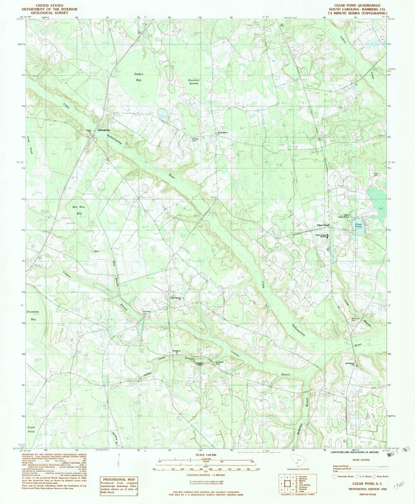 Classic USGS Clear Pond South Carolina 7.5'x7.5' Topo Map Image