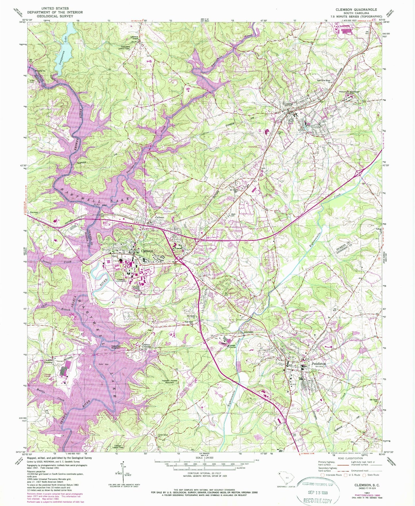 Classic USGS Clemson South Carolina 7.5'x7.5' Topo Map Image