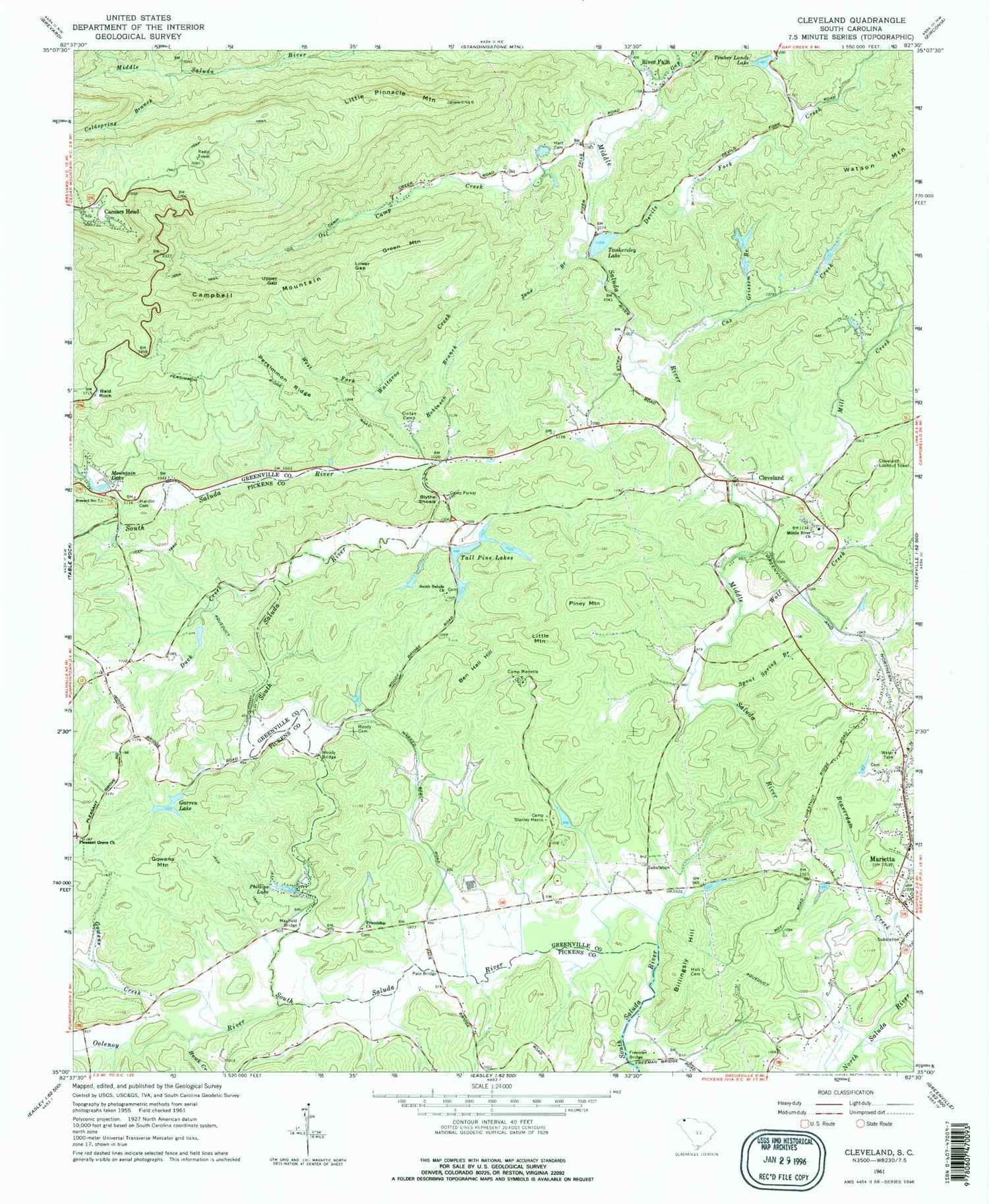 Classic USGS Cleveland South Carolina 7.5'x7.5' Topo Map Image