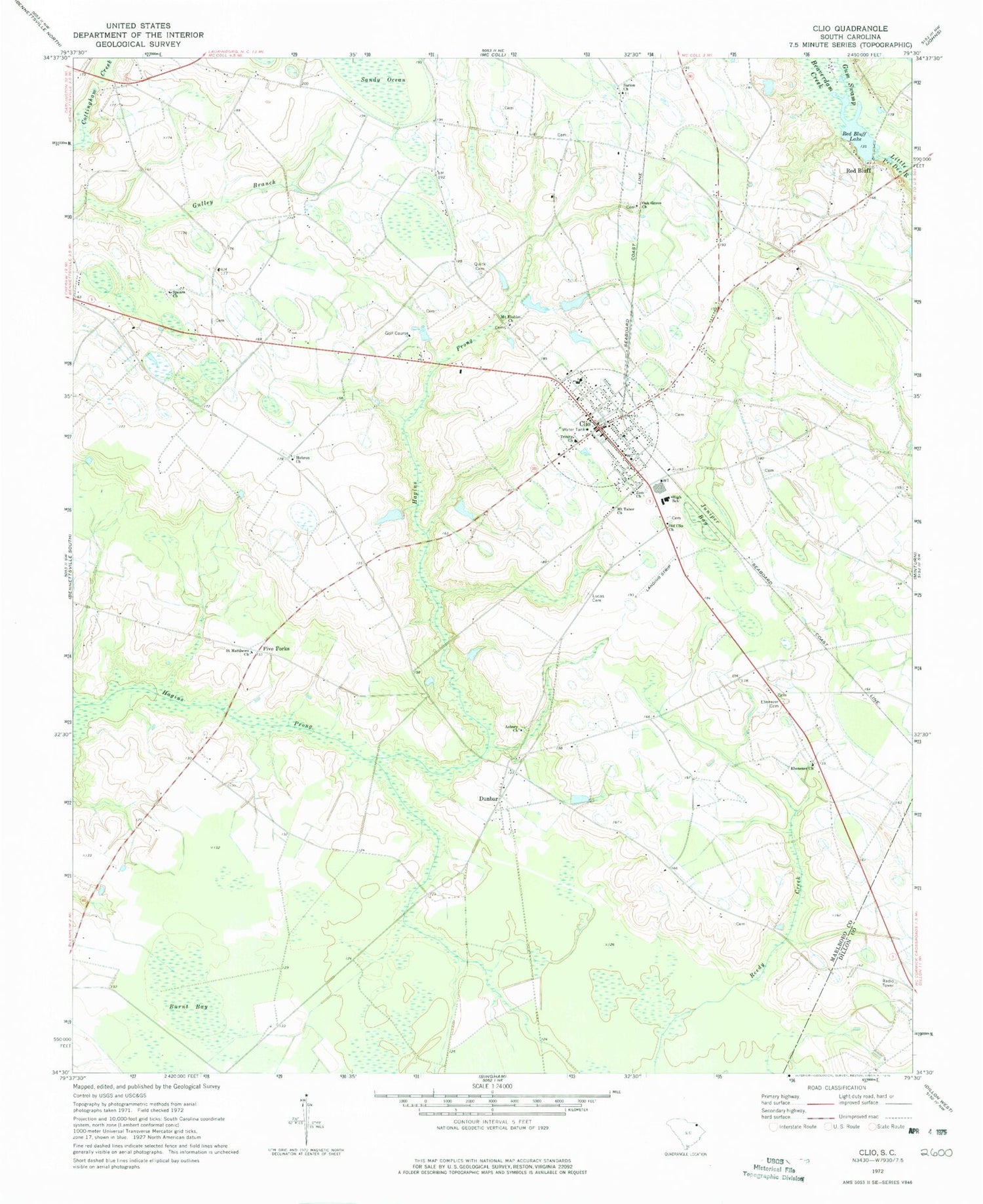 Classic USGS Clio South Carolina 7.5'x7.5' Topo Map Image