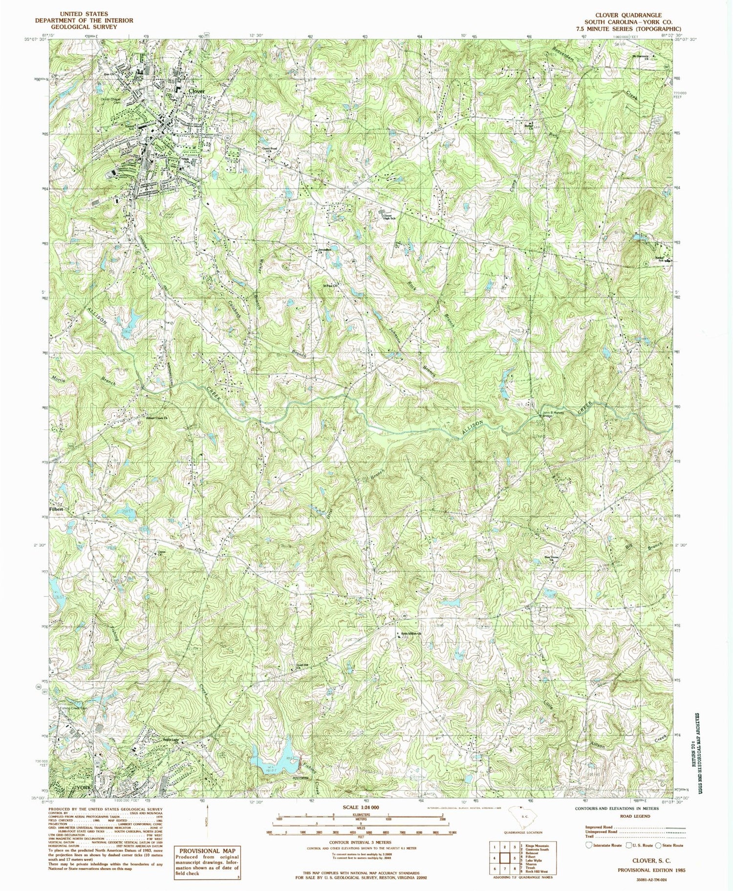 Classic USGS Clover South Carolina 7.5'x7.5' Topo Map Image