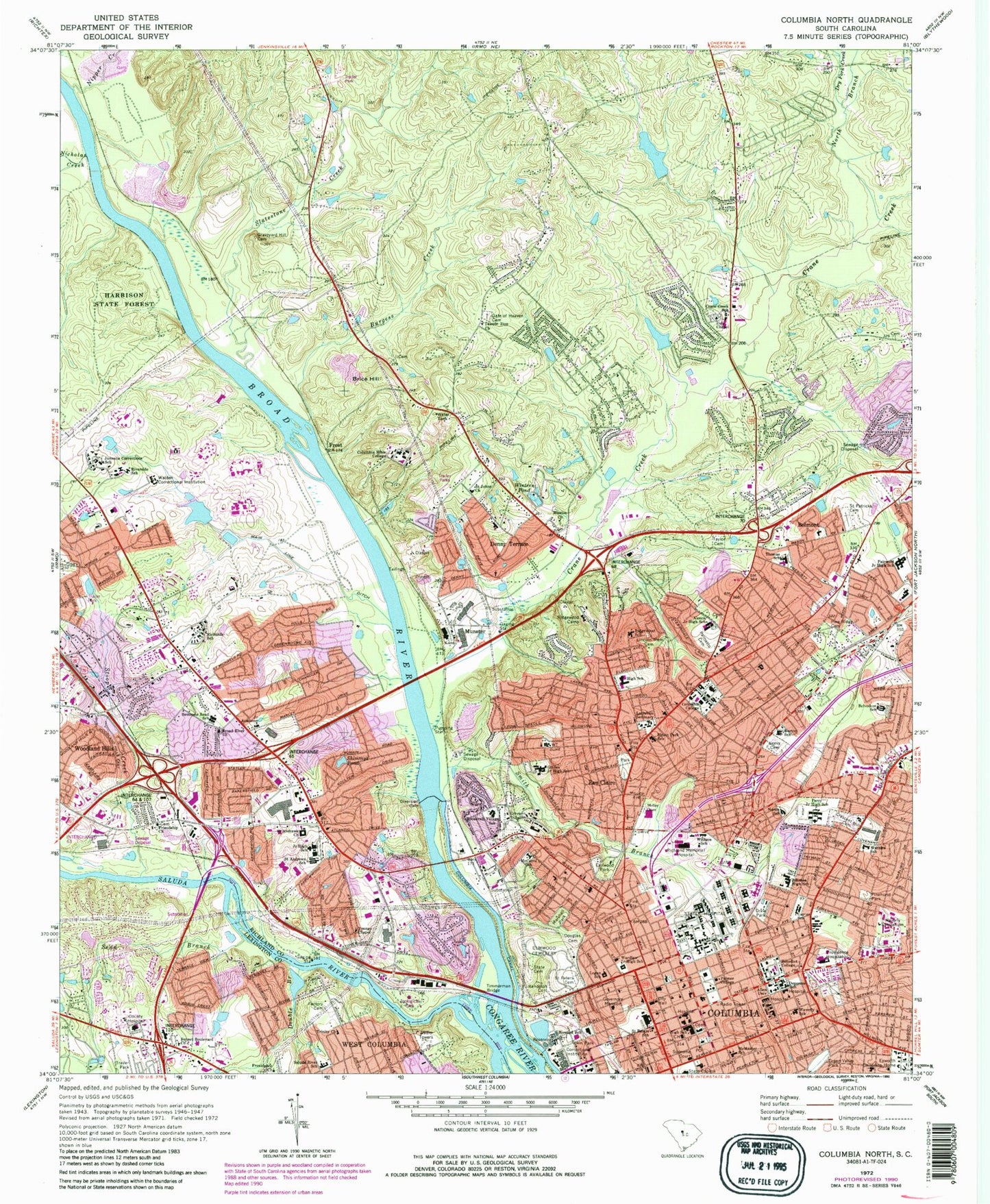Classic USGS Columbia North South Carolina 7.5'x7.5' Topo Map Image