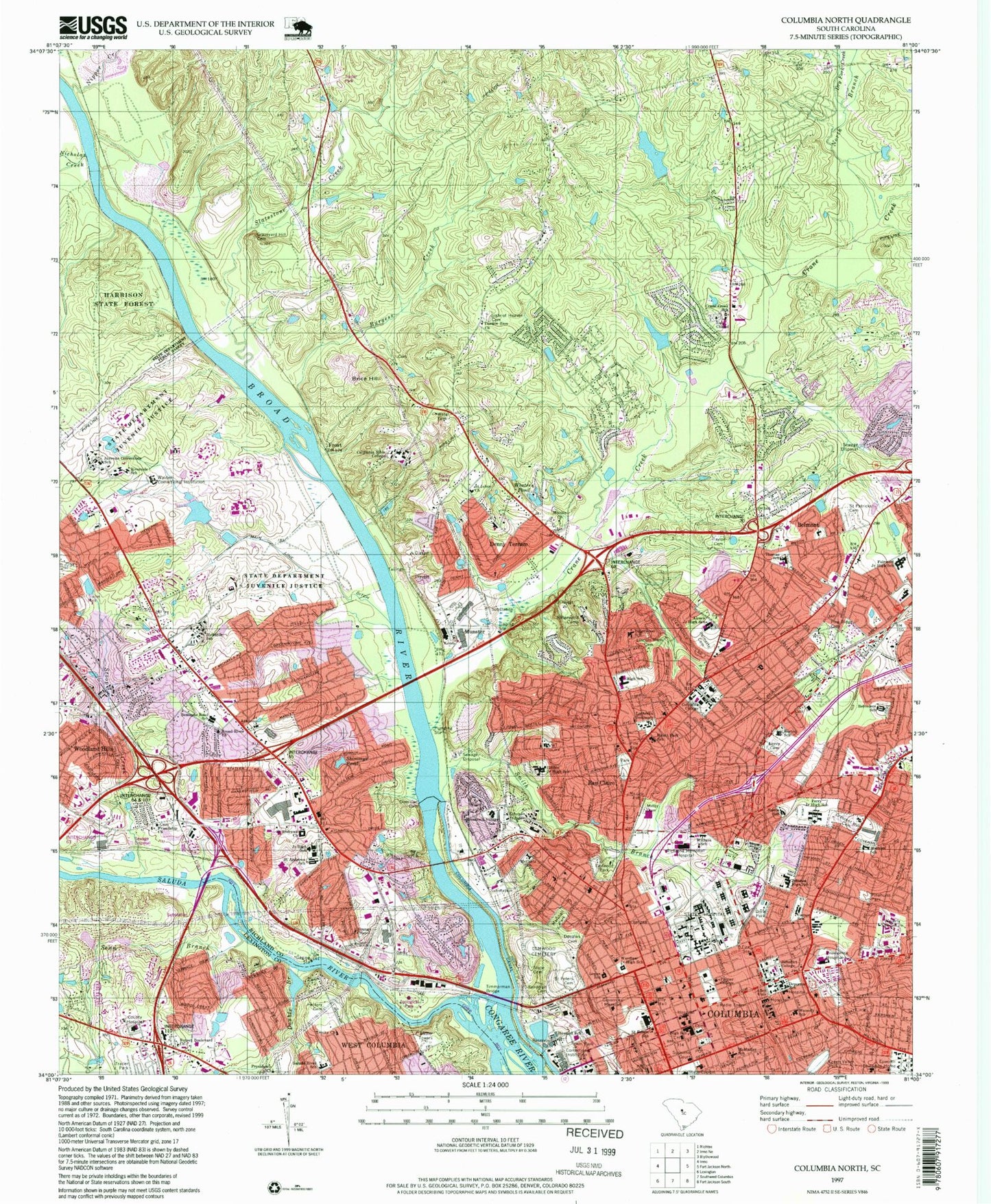 Classic USGS Columbia North South Carolina 7.5'x7.5' Topo Map Image