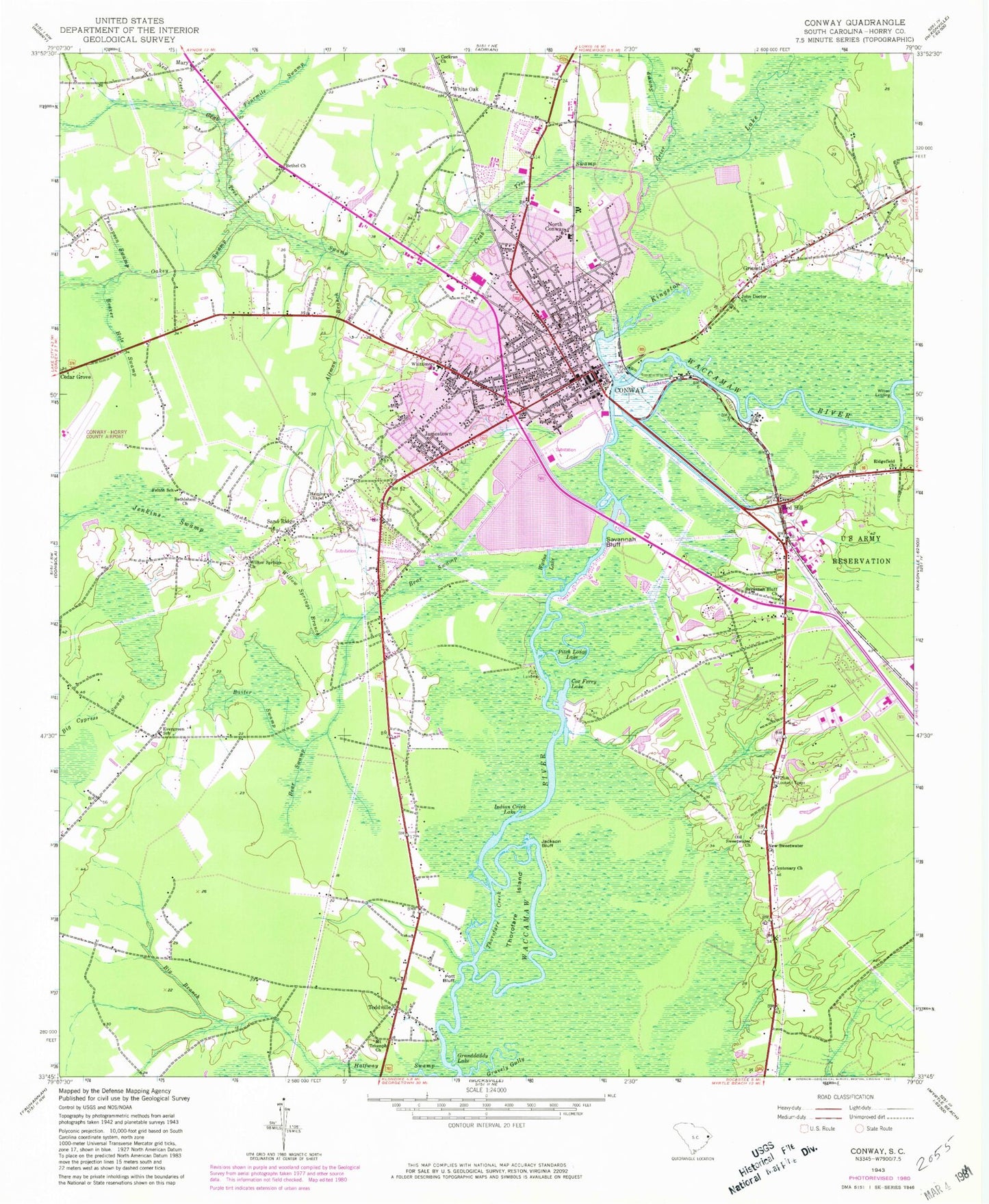 Classic USGS Conway South Carolina 7.5'x7.5' Topo Map Image