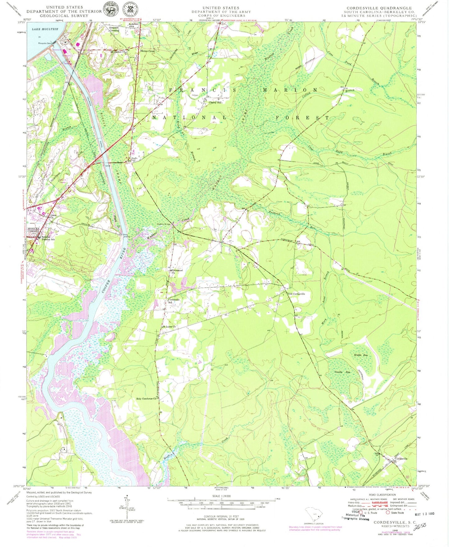 Classic USGS Cordesville South Carolina 7.5'x7.5' Topo Map Image