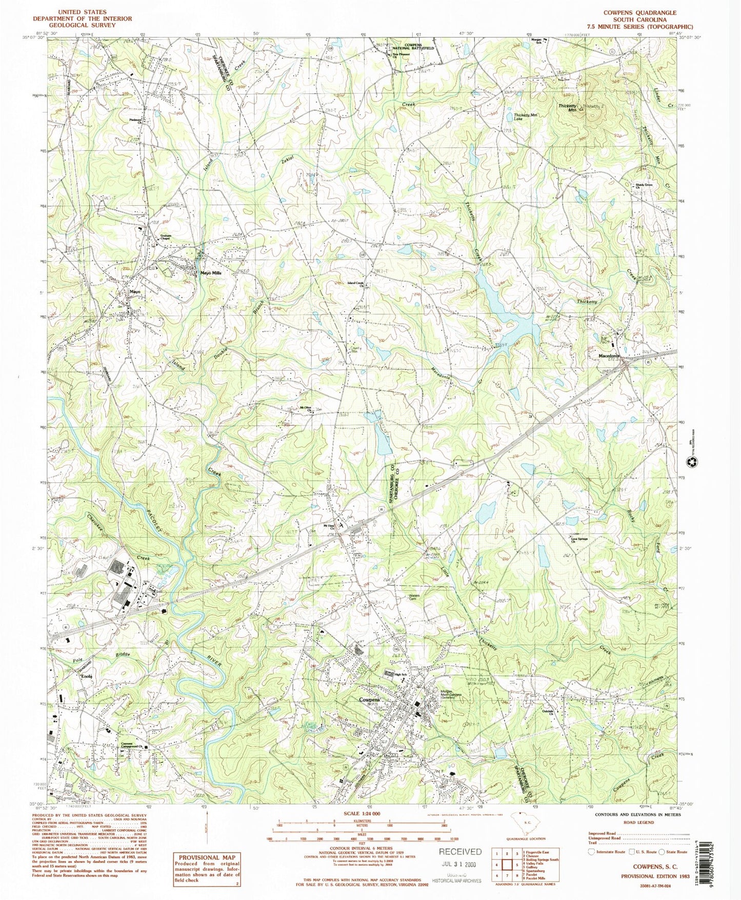 Classic USGS Cowpens South Carolina 7.5'x7.5' Topo Map Image