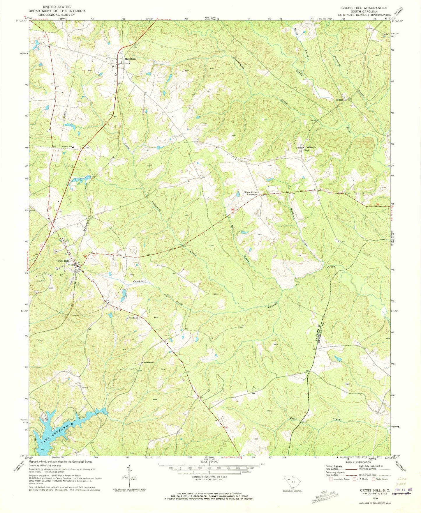 Classic USGS Cross Hill South Carolina 7.5'x7.5' Topo Map Image