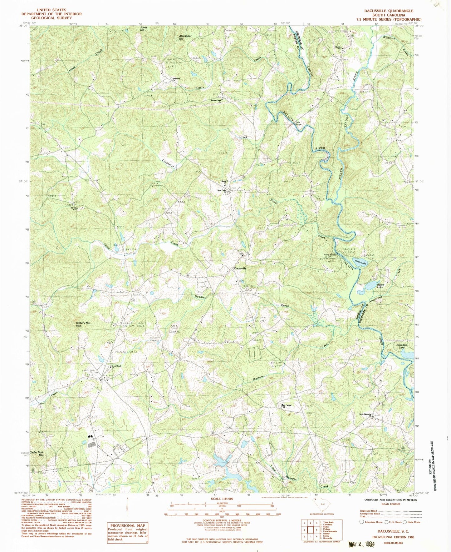 Classic USGS Dacusville South Carolina 7.5'x7.5' Topo Map Image