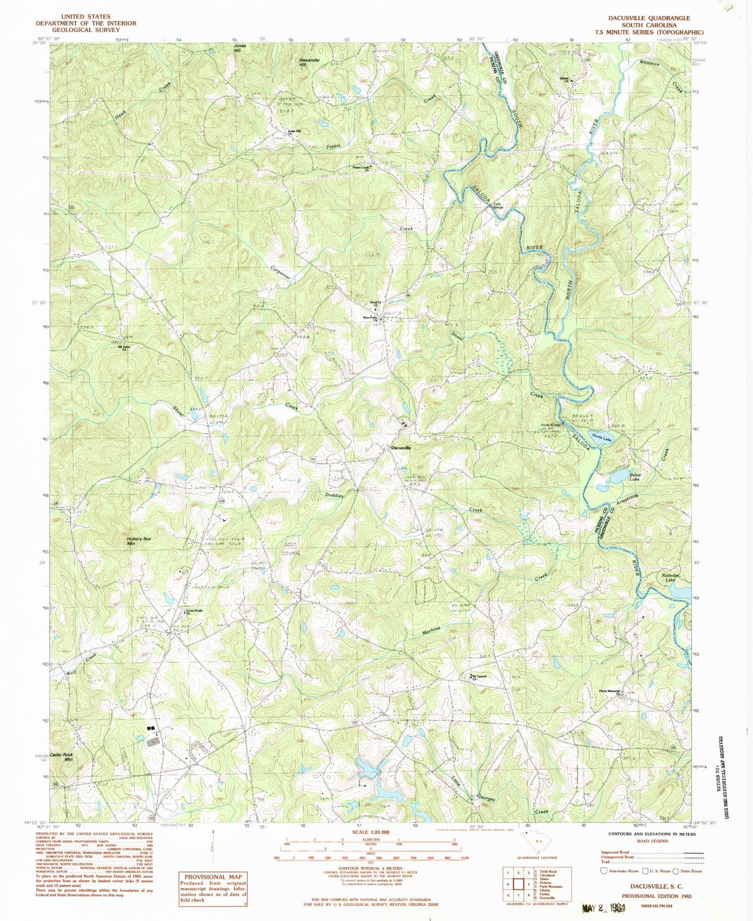 Classic USGS Dacusville South Carolina 7.5'x7.5' Topo Map Image
