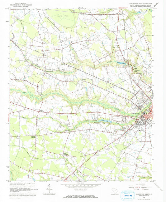 Classic USGS Darlington West South Carolina 7.5'x7.5' Topo Map Image