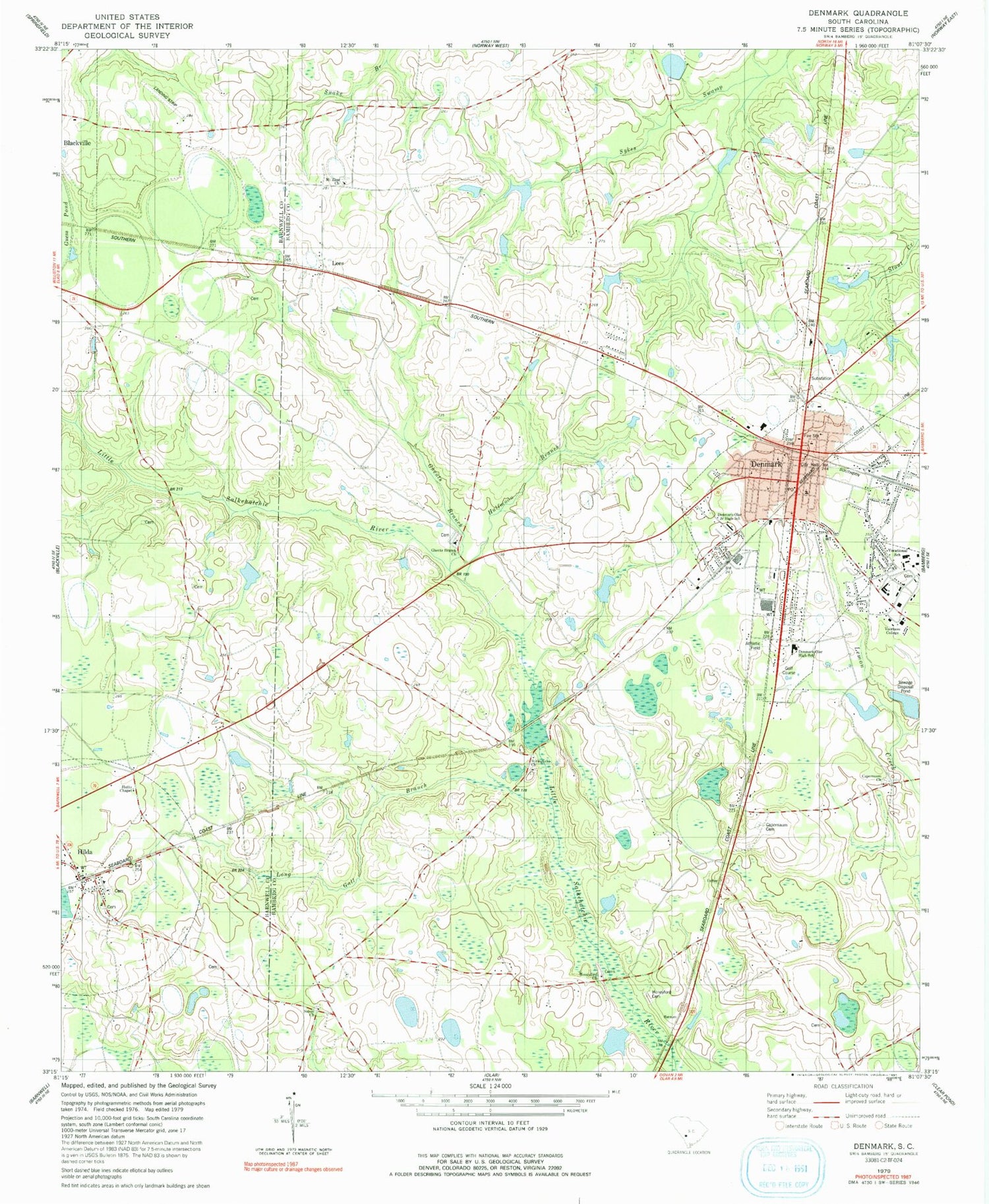 Classic USGS Denmark South Carolina 7.5'x7.5' Topo Map Image