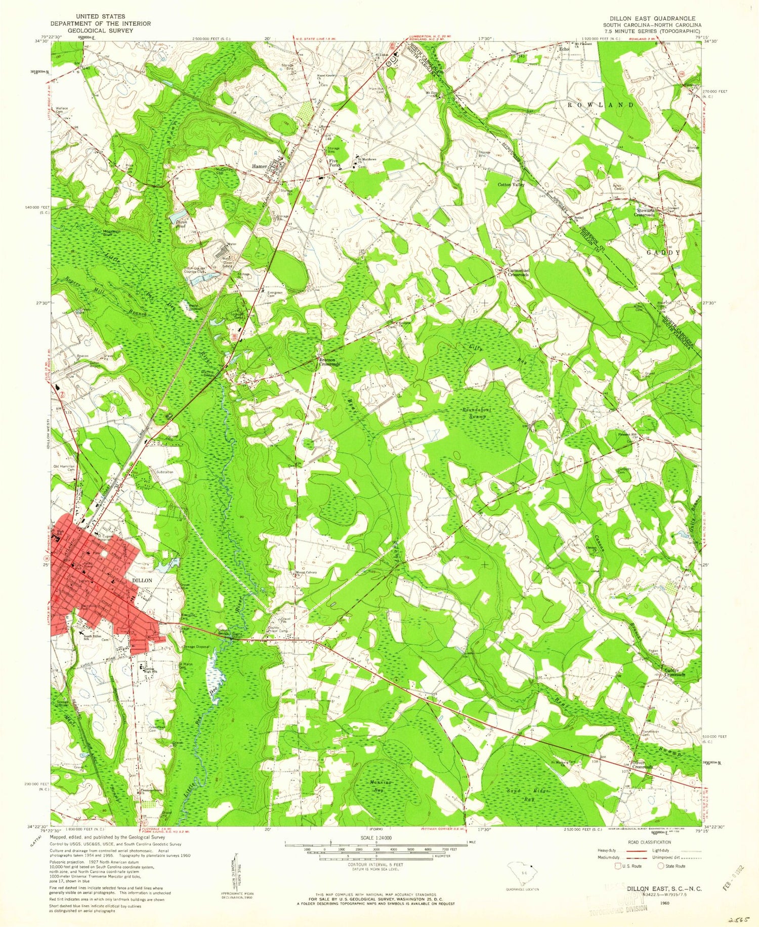 Classic USGS Dillon East South Carolina 7.5'x7.5' Topo Map Image