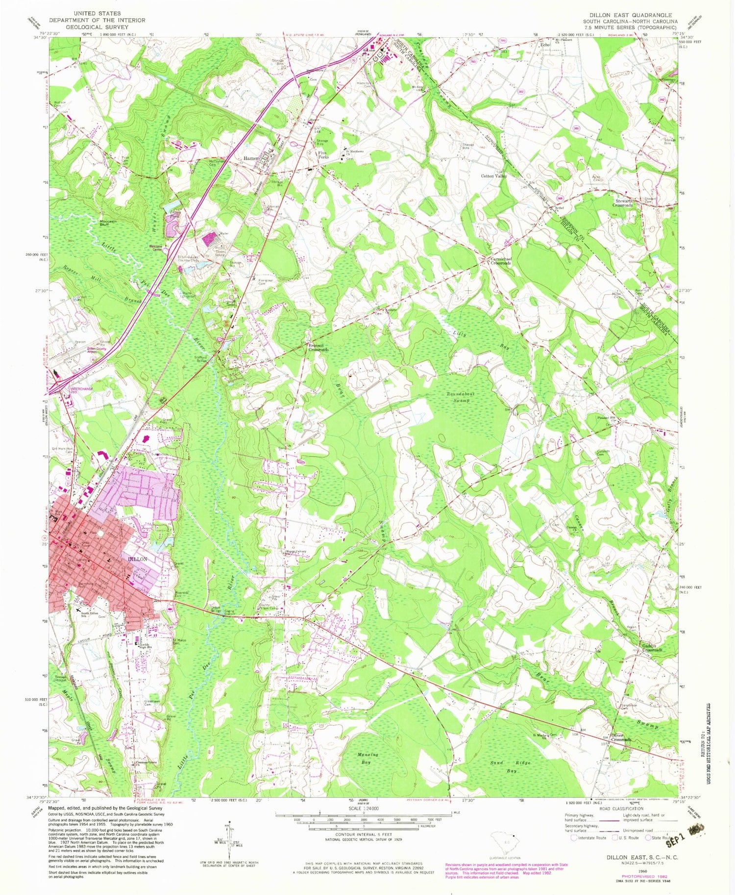 Classic USGS Dillon East South Carolina 7.5'x7.5' Topo Map Image