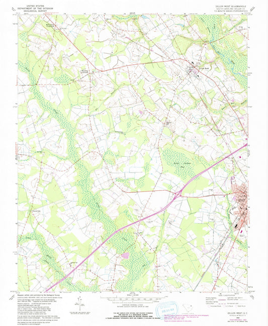 Classic USGS Dillon West South Carolina 7.5'x7.5' Topo Map Image