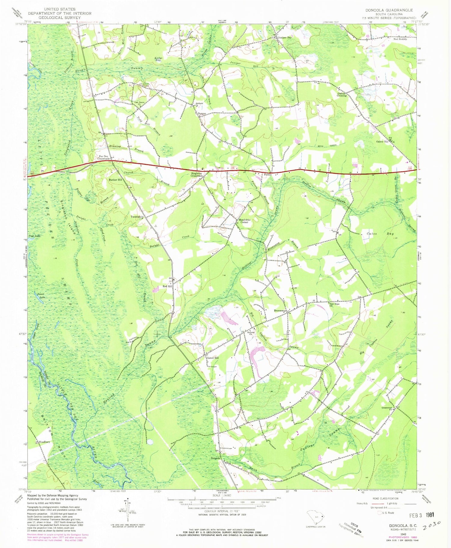 Classic USGS Dongola South Carolina 7.5'x7.5' Topo Map Image