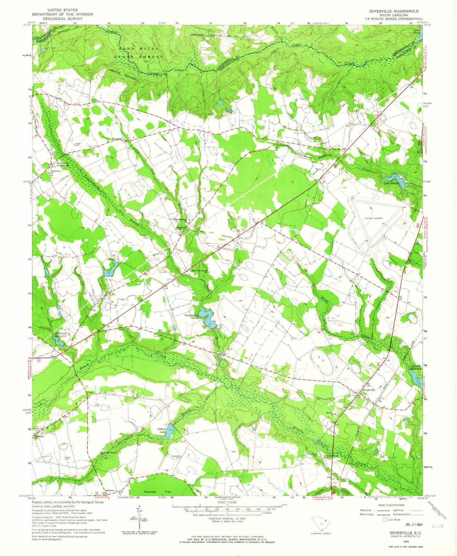 Classic USGS Dovesville South Carolina 7.5'x7.5' Topo Map Image