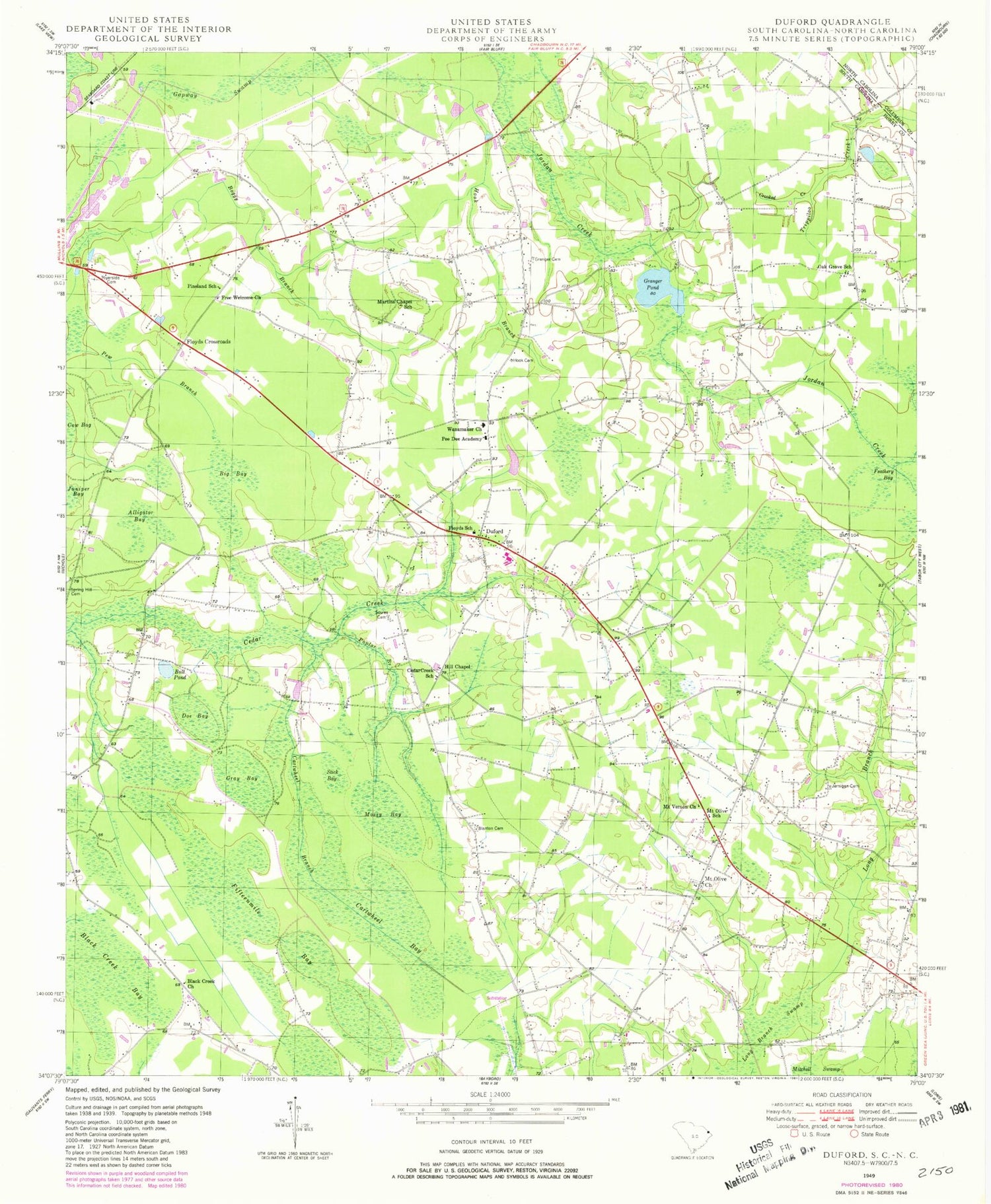 Classic USGS Duford South Carolina 7.5'x7.5' Topo Map Image