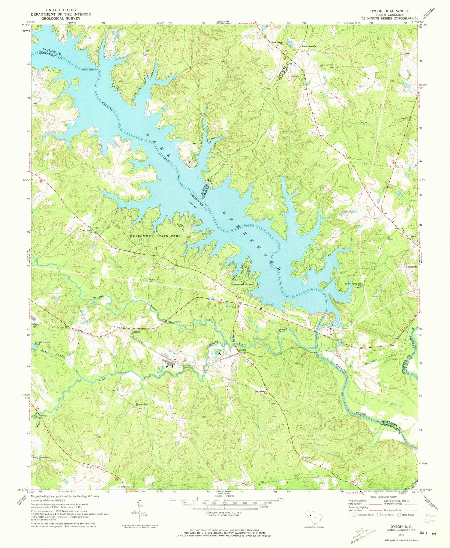 Classic USGS Dyson South Carolina 7.5'x7.5' Topo Map Image