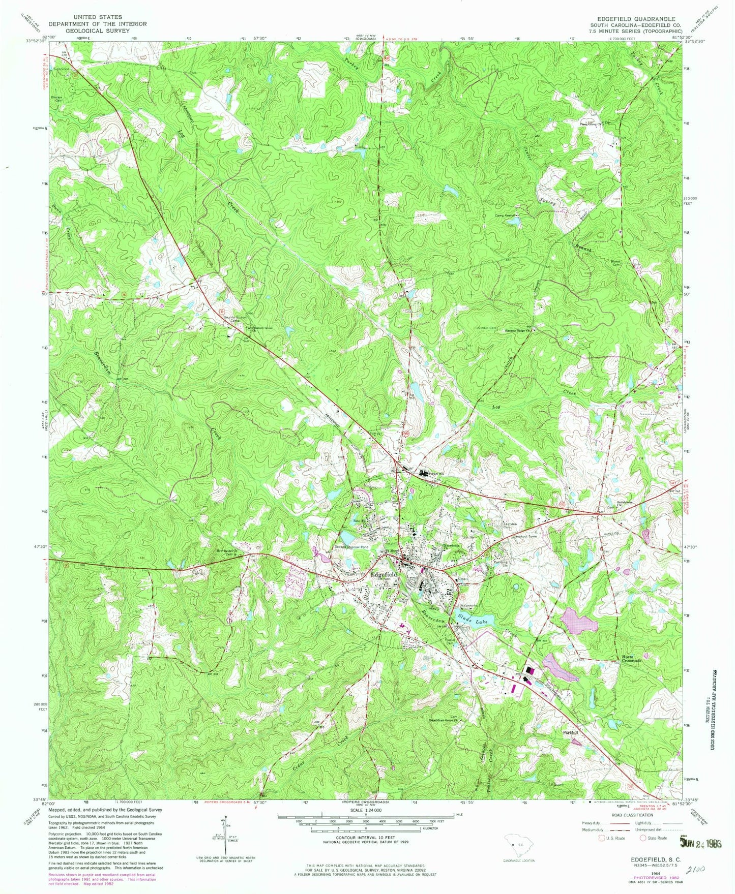 Classic USGS Edgefield South Carolina 7.5'x7.5' Topo Map Image