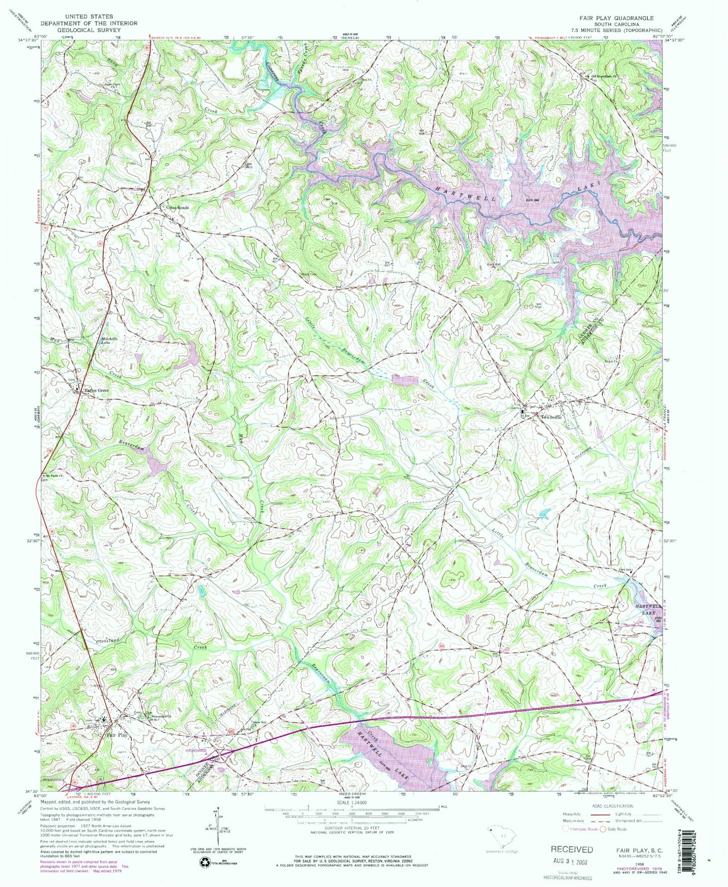 Classic USGS Fair Play South Carolina 7.5'x7.5' Topo Map Image