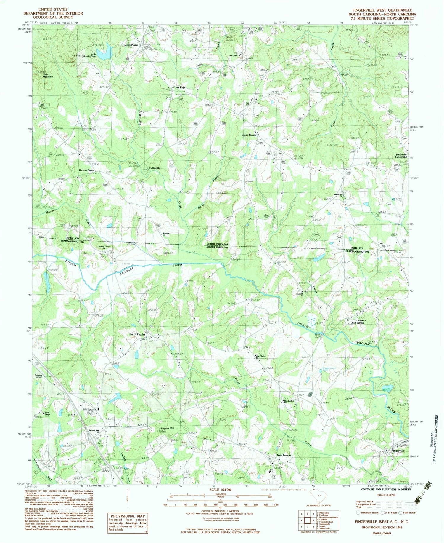 Classic USGS Fingerville West South Carolina 7.5'x7.5' Topo Map Image