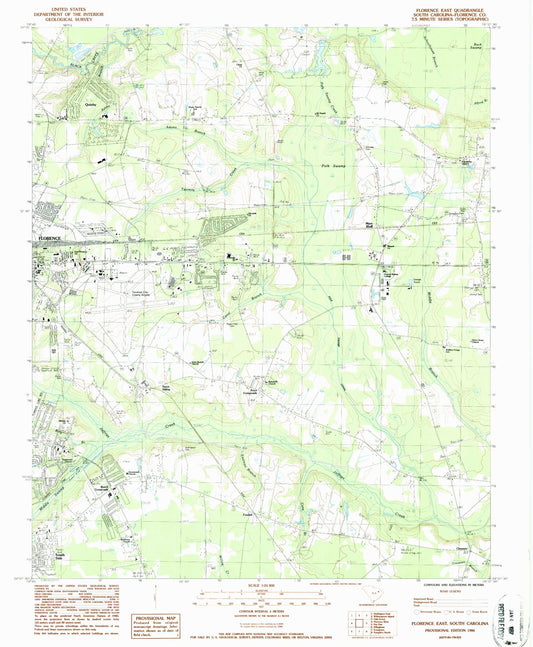 Classic USGS Florence East South Carolina 7.5'x7.5' Topo Map Image